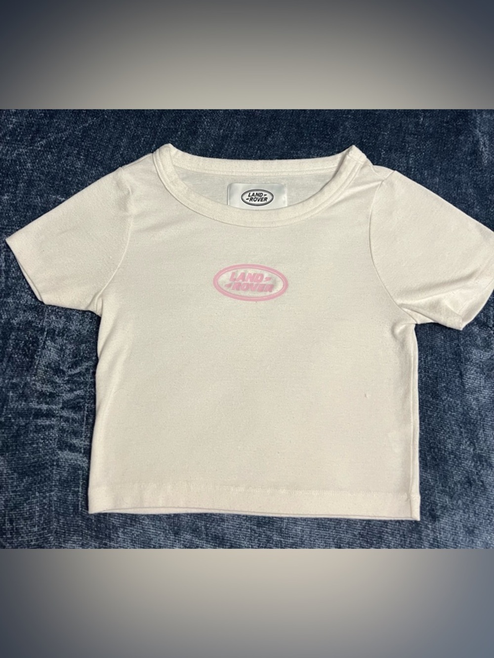 Pacsun Landrover Cream Short Sleeve Crop Top with Pink Logo - Size XS